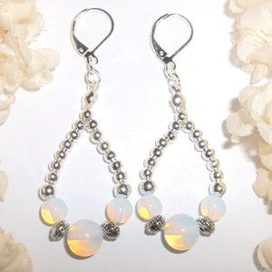 Beaded Hoop Earrings Set Faux Opal Rainbow Moonstone and Silver Teardrop 7021